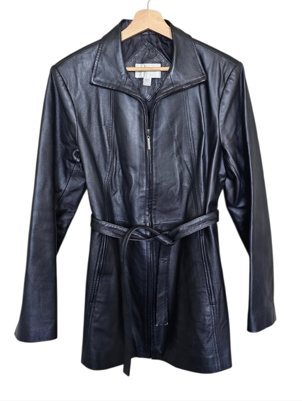 Vintage 90s Worthington Black 100% Leather Zip-Front Belted Jacket